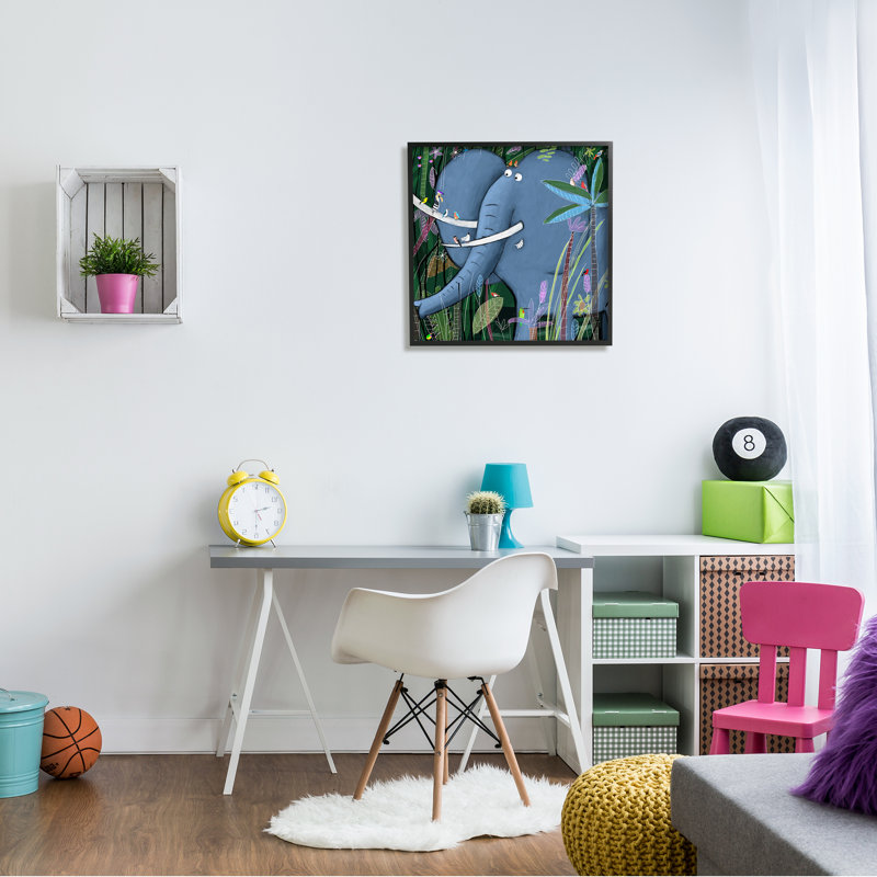 Éléphant, safari, art pour enfants, H 24 po x l 24 po x P 1,5 po, Giclée encadrée noir minuit
