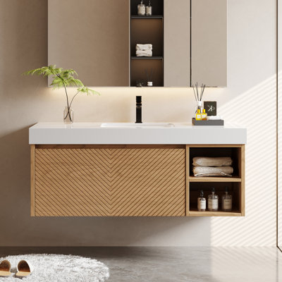 48" Modern Floating Single Bathroom Vanity, Natural Light Solid Wood, White Stone Table top, Two Open Shelves, Pre-Assembled
