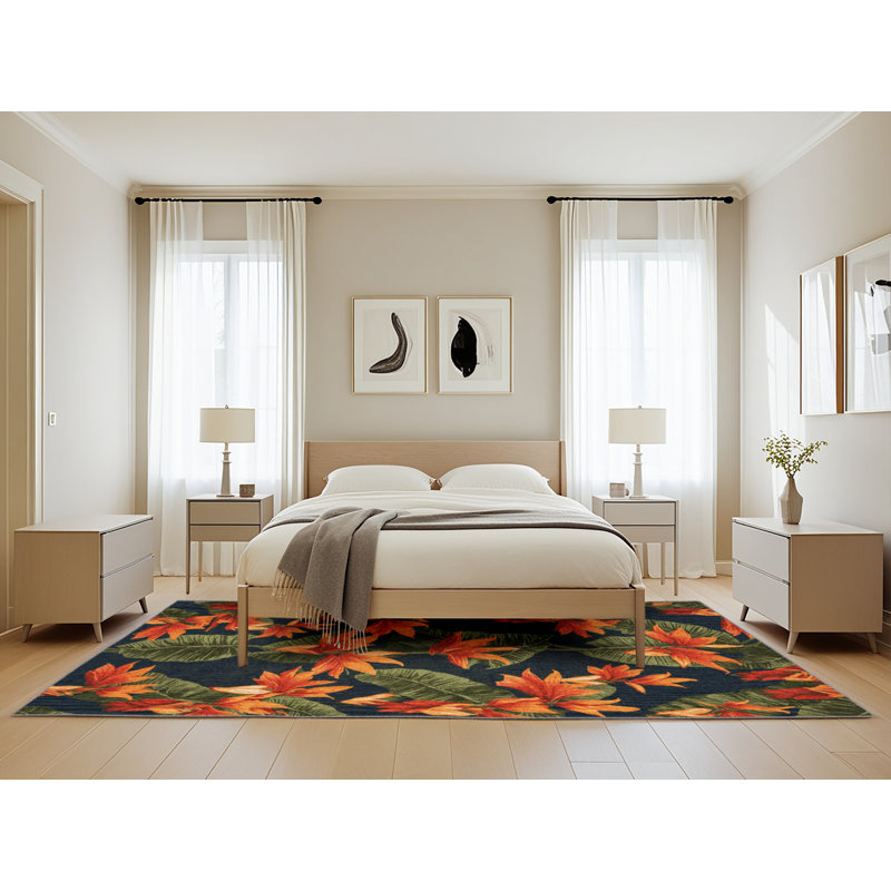 Tapis botanique brun lavable à la machine, Rectangle 5 pi x 8 pi