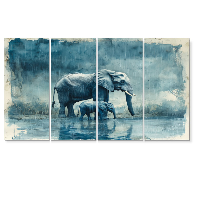 Éléphant et son veau sous la pluie - Art mural animal éléphant - Art mural moderne sur toile, H 28 po x l 48 po