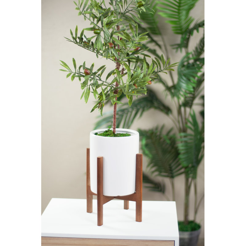 Jardinière en céramique Baraka, H 9 po x l 6,7 po x P 6,7 po (support inclus), Blanc / Noyer