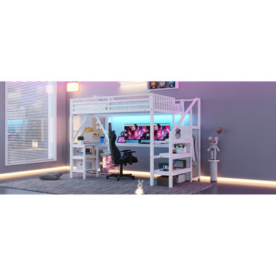 Lit mezzanine blanc en métal pleine grandeur avec bureau en forme de L, lumières sous et à DEL pour une garde-robe de chambre à coucher lumineuse