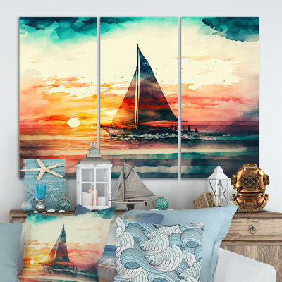 Voilier sur l'océan, aquarelle, coucher de soleil II, reproduction sur toile 3 pièces