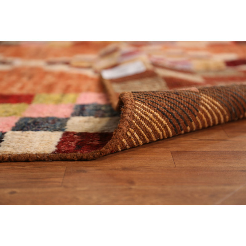 Tapis oriental marocain à carreaux orange en laine 7 x 10