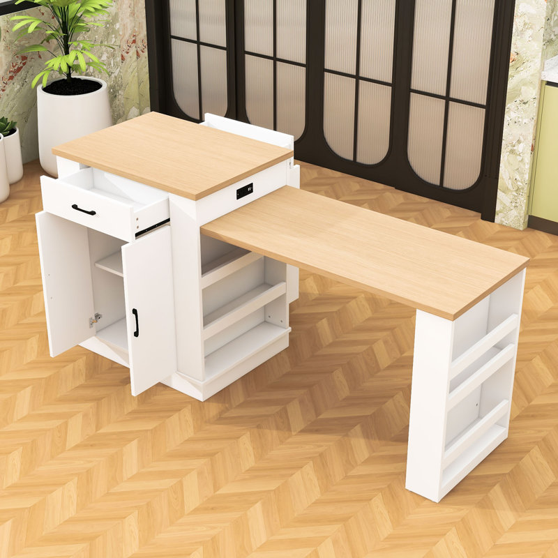 Élégant îlot de cuisine avec comptoir extensible, prises de courant, rangement spacieux et tablettes ouvertes, Blanc