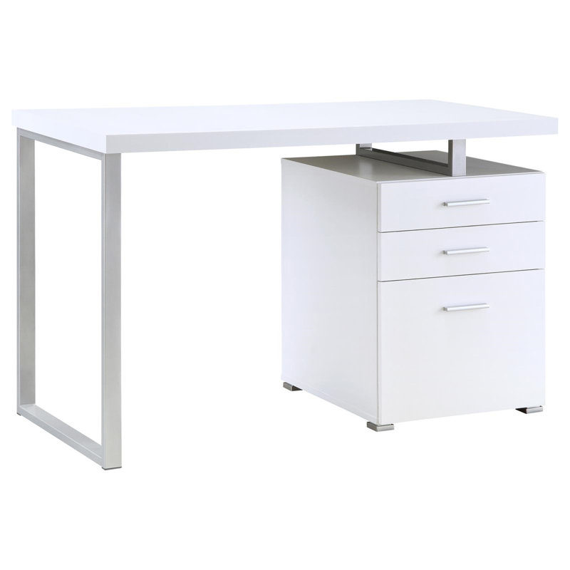 White 3-Drawer Reversible Office Desk, White/Silver