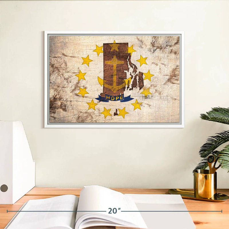 Carte d'État sur le drapeau du Rhode Island, Cadre flottant blanc, 13 po x 9 po