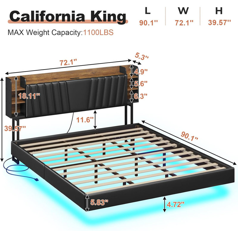 California King Floating Led Bed Frame With Hidden Storage Headboard And Charging Station Cal King Size Visual Floating Platform Bed With Led Lights,no Box Spring Needed,black+rustic