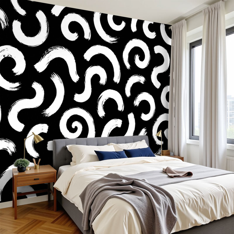 Papier peint adhésif à motifs abstraits à motif de courbes circulaires blanches H 100 po x l 144 po imperméable et amovible pour chambre à coucher, salon, dortoir