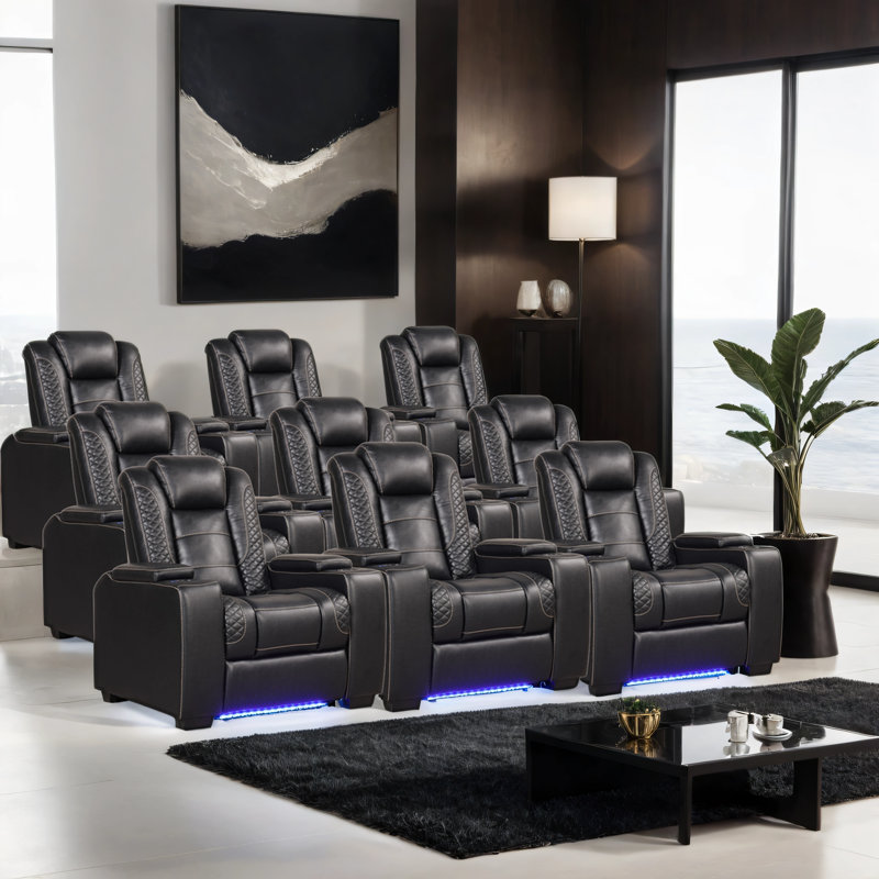 Fauteuil de cinéma maison inclinable électrique 39 po avec porte-gobelets à DEL USB (ensemble de 9), Noir