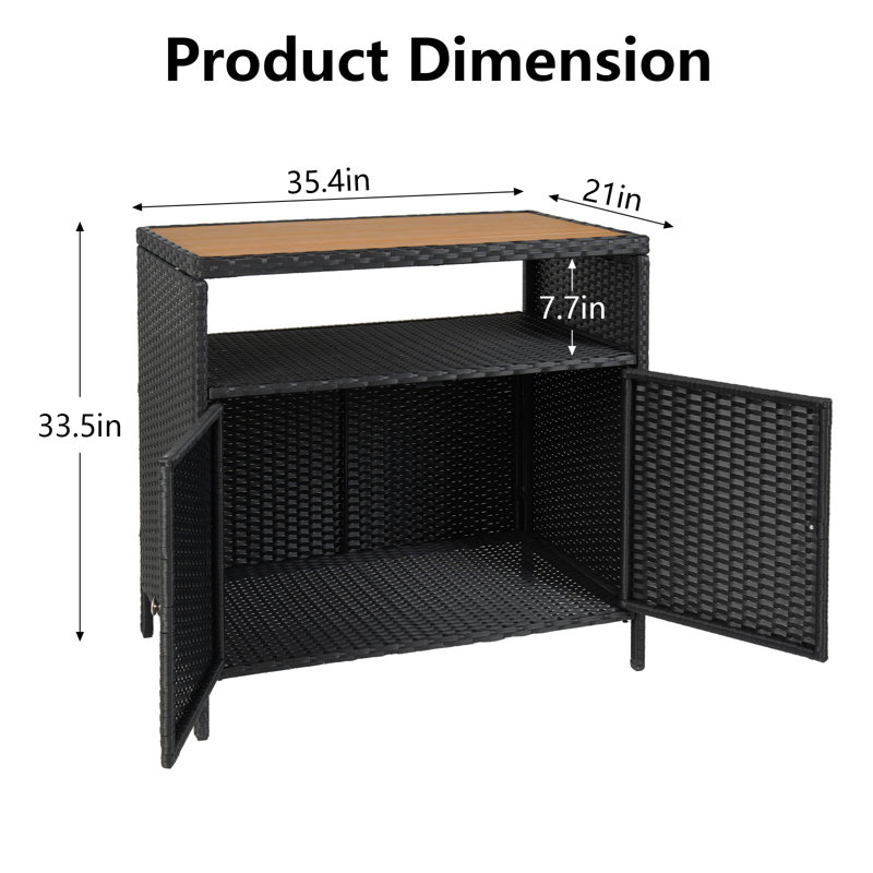 Table de bar d'extérieur en osier noir avec table et 2 portes et tablette