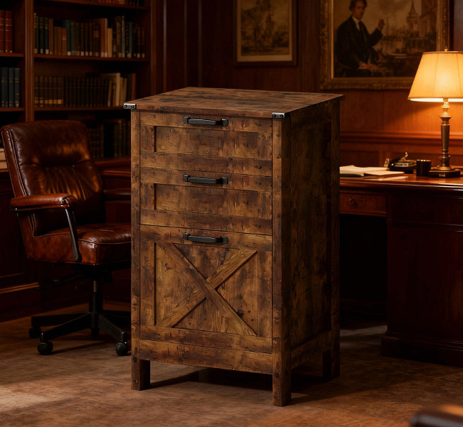 Armoire de rangement de bureau, classeur vertical à 3 tiroirs, pour la maison et le bureau, Brun rustique