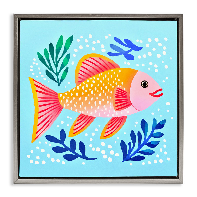 "Whimsical Fish & Seaweed", art mural encadré flottant par Andrea Haase, H 18 po x l 18 po, Cadre flottant gris lustré