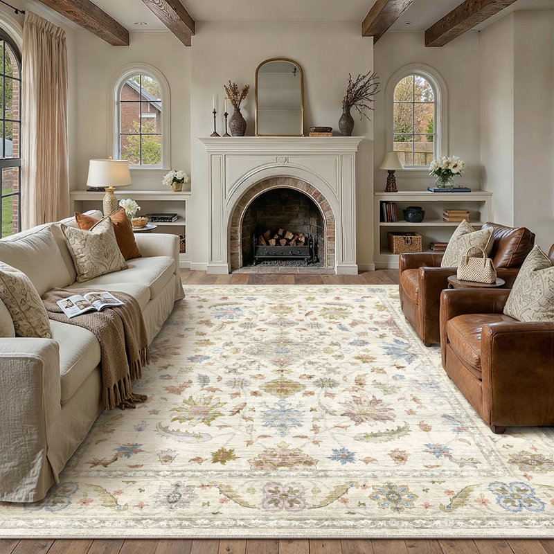 Samuel Modern Floral Washable Area Rug With Non-Slip Backing, Rectangle 9' x 12'