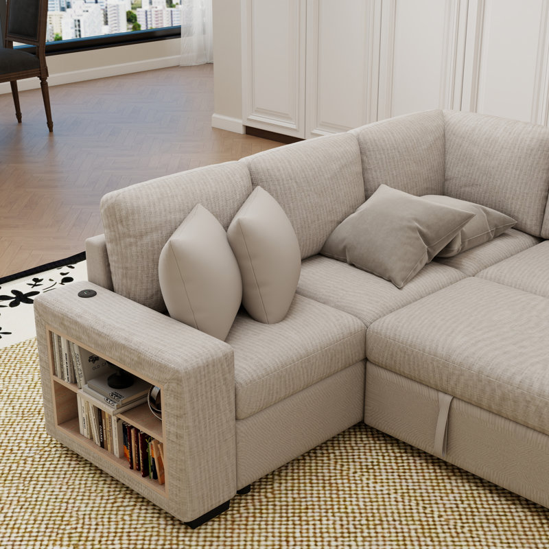 Canapé-lit modulaire de 109 po en forme de U avec escamotable, deux ports USB, un espace de rangement et quatre coussins de dossier pour le salon