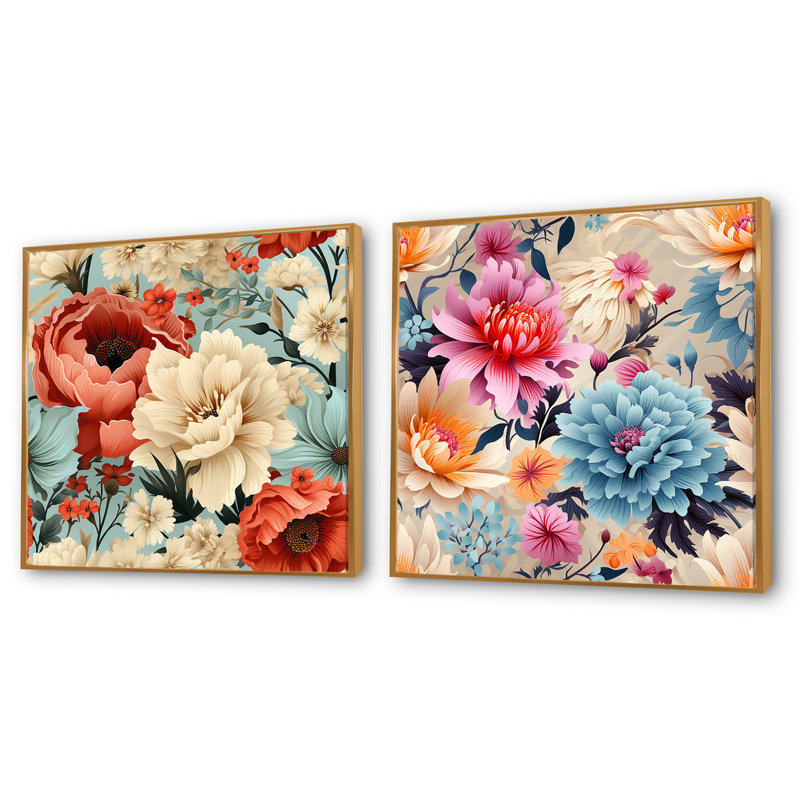 Isamar - ensemble de 2 collages carrés floraux, Cadre flottant doré, H 30 po x l 61 po