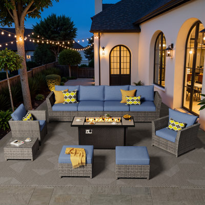 8-person Mostly No Assembly Required Outdoor Sectional With Cushions And Fire Pit,all-weather Wicker Patio Set