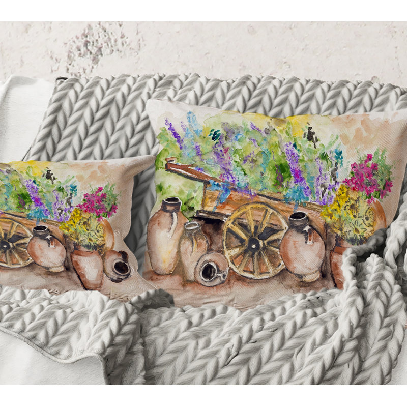 Carré, fleurs de lavande sur un chariot antique - coussin décoratif traditionnel, 18" x 18"