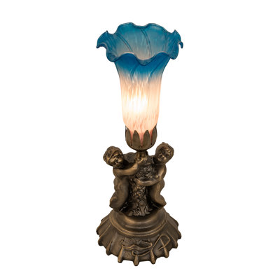 13" High Pink/Blue Tiffany Pond Lily Twin Cherub Accent Lamp