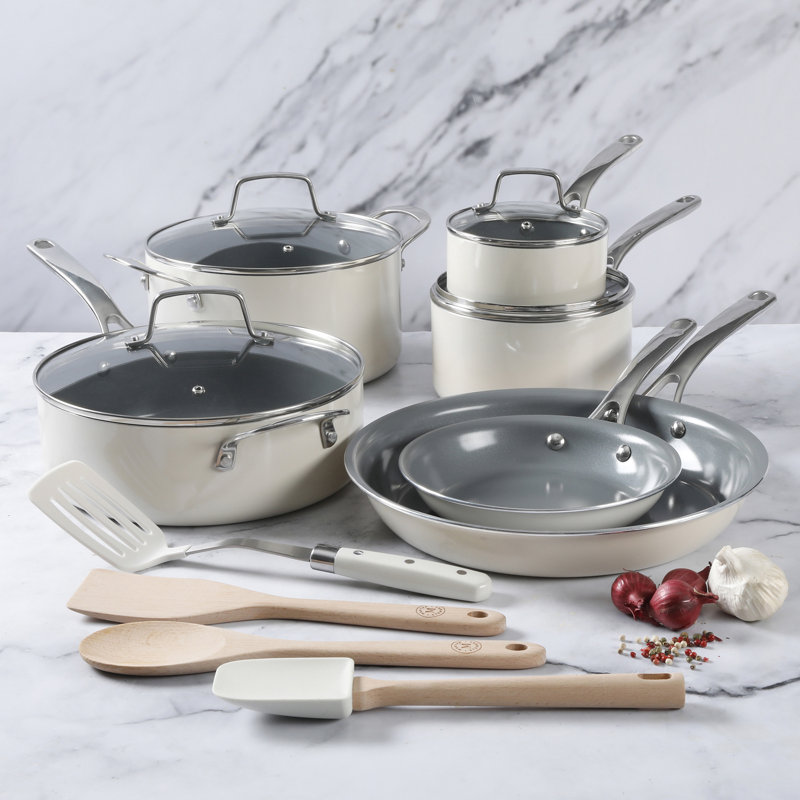 Batterie de cuisine antiadhésive en aluminium 14 pièces Martha Stewart, Lin/gris