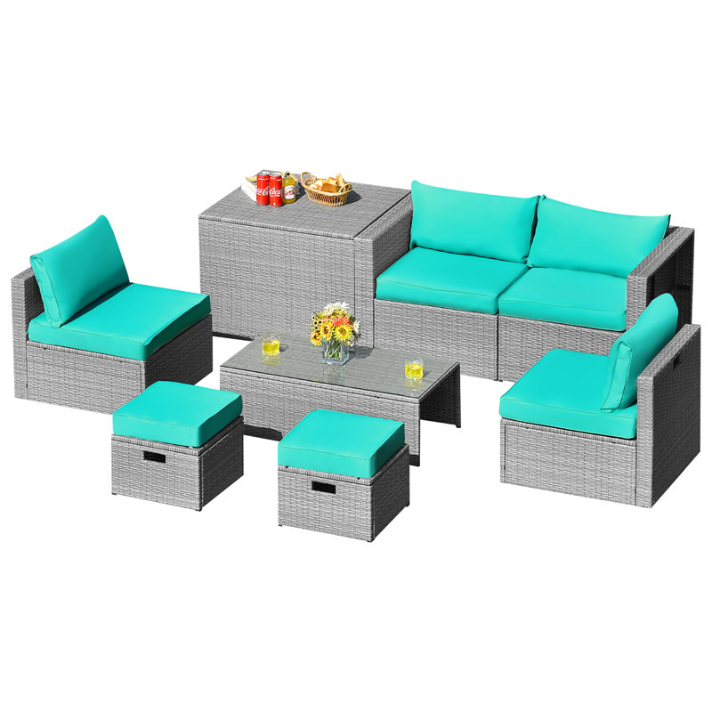 Ensemble de conversation avec canapé et coussins 8 pièces Aleshka, Gris, Turquoise