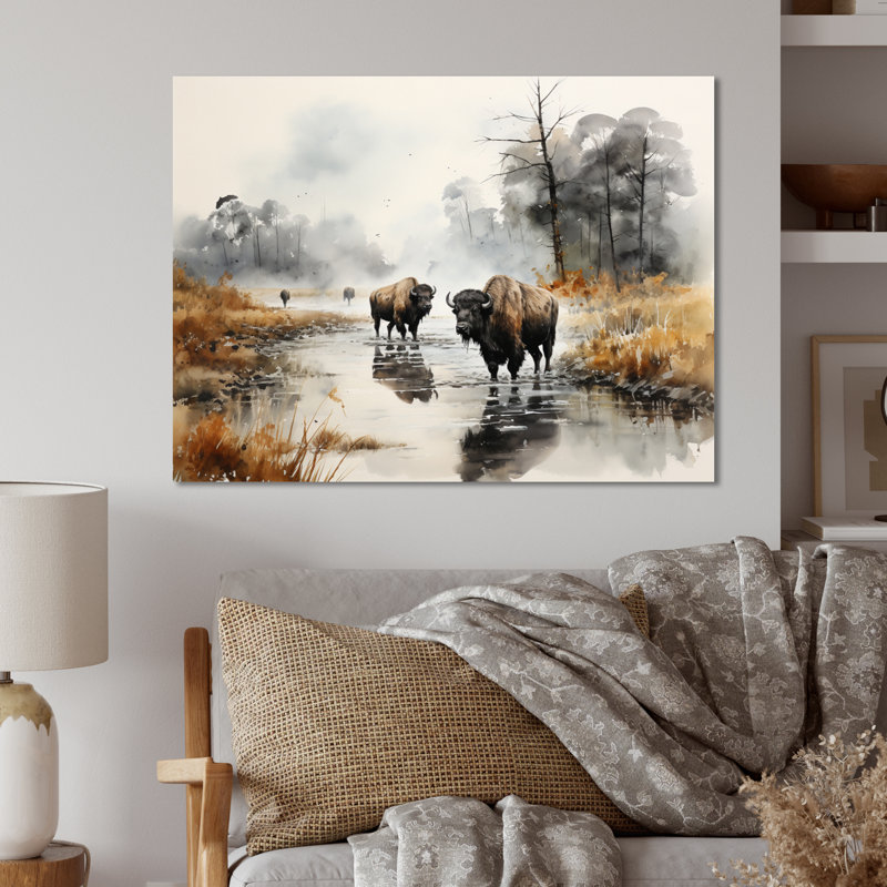 Décoration murale en métal gris Buffalo Misty Morning Grazing II - Animaux, H 12 po x l 20 po x P 1 po