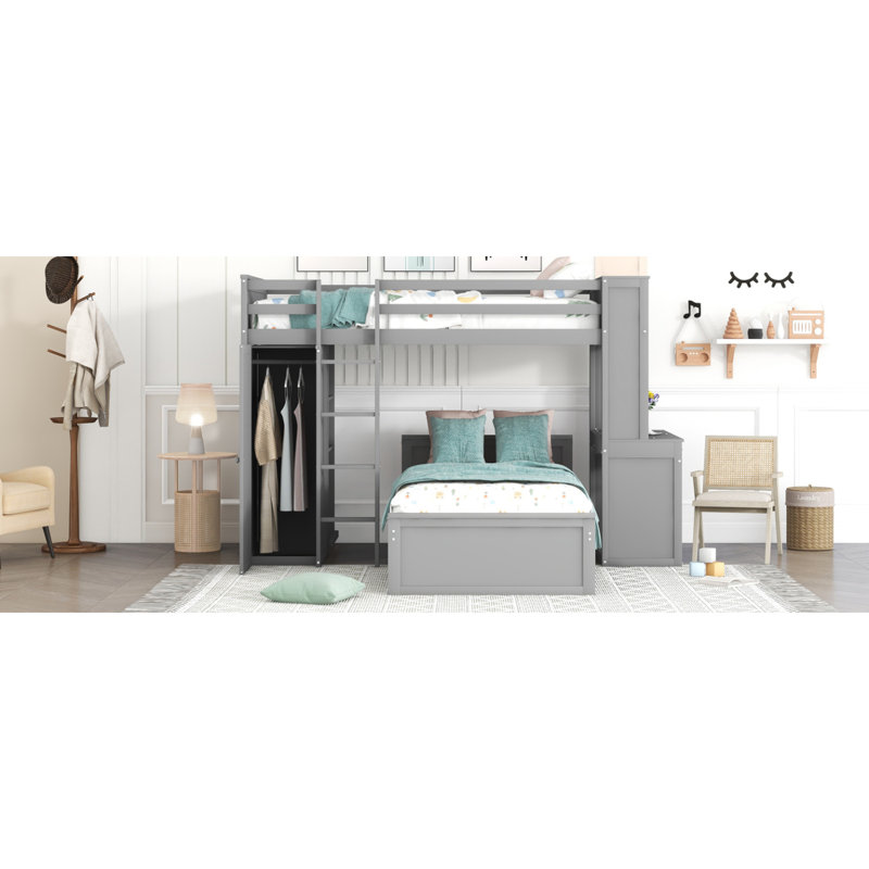Lit mezzanine avec tablettes, bureau et garde-robe Sdalone, Gris, Lit simple