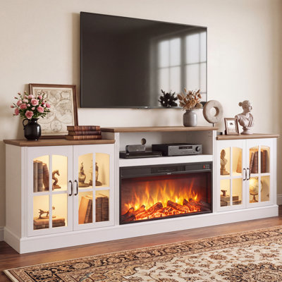 Meuble télé de style ferme de 250 cm avec foyer de 90 cm, compatible avec les téléviseurs jusqu'à 254 cm, centre multimédia avec étagères réglables et grands placards de rangement, pour le salon, fini bois massif, noyer et noir