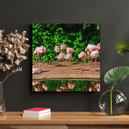 Flamants roses sur plan d'eau - Reproduction d'art graphique carré sur toile tendue - 1 pièce - 505
