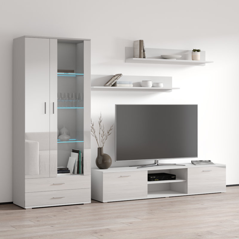 Sabala 105" Modern Entertainment Center with 16-Color LED Lighting, High Gloss Finish, Media Storage, White