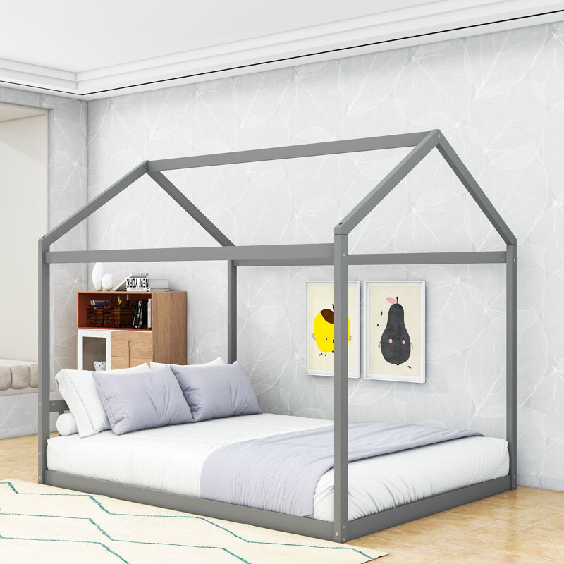 Grand lit en bois en forme de maison avec tête de lit charmante, Gris