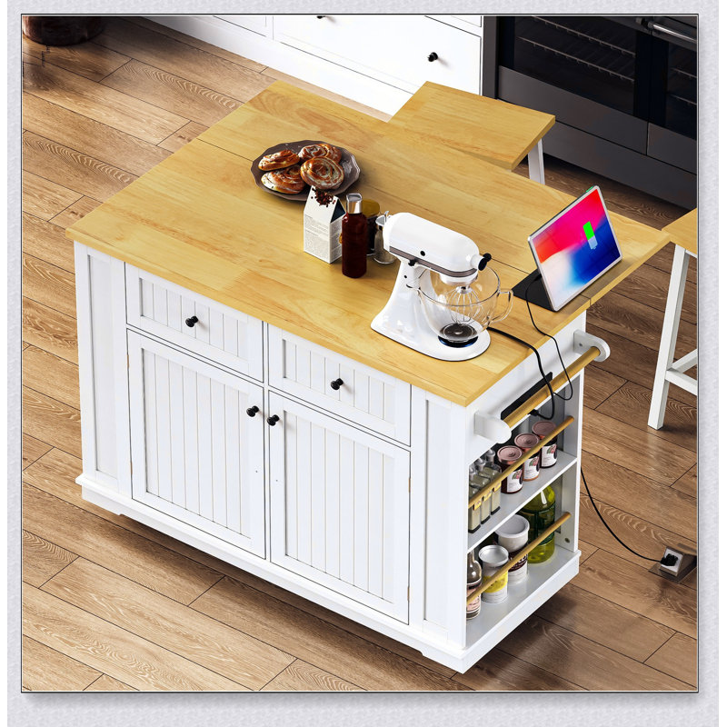 48 Inch Rolling Kitchen Island with Drop Leaf, Power Outlet, and Spacious Internal Storage for Modern Kitchens and Dining Rooms
