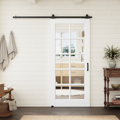 36"x80" 10-Lite Clear Glass Prefinished Standard Slab Door With Top Mounted Black Barn Door Hardware Kit For Pantry