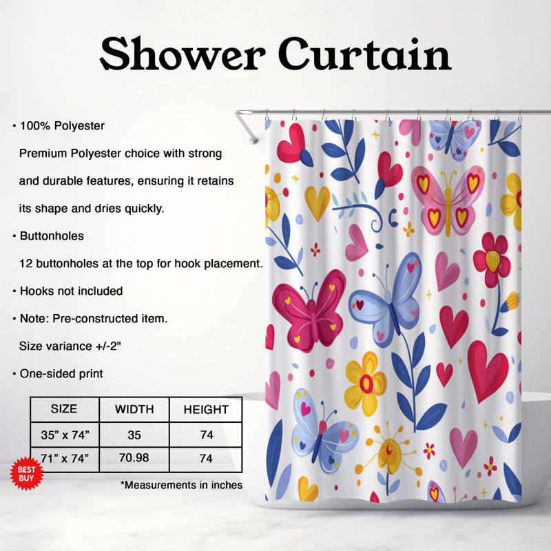 Fluttering Hearts - Rideau de douche Premium, H 74 po x l 71 po