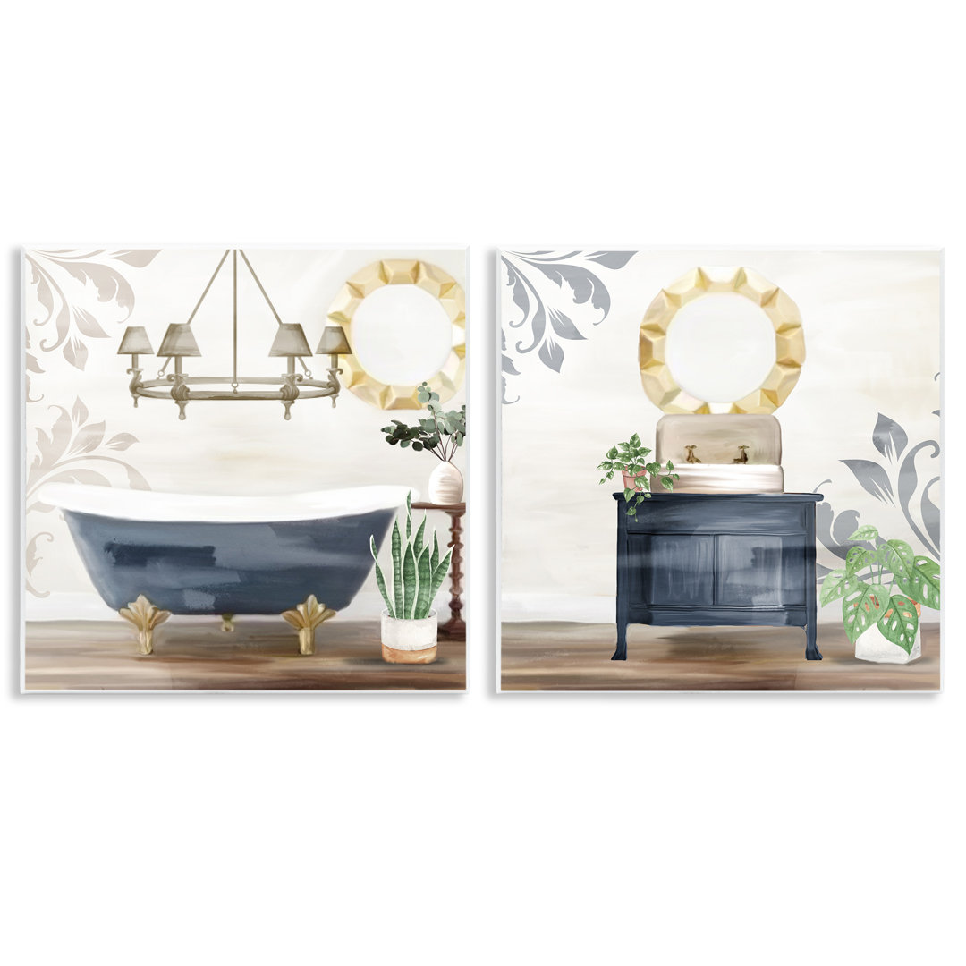 Chic Bathroom Interior Still Life Bathtub Sink Plants 2 - Piece Graphic Art Set Stupell Industries