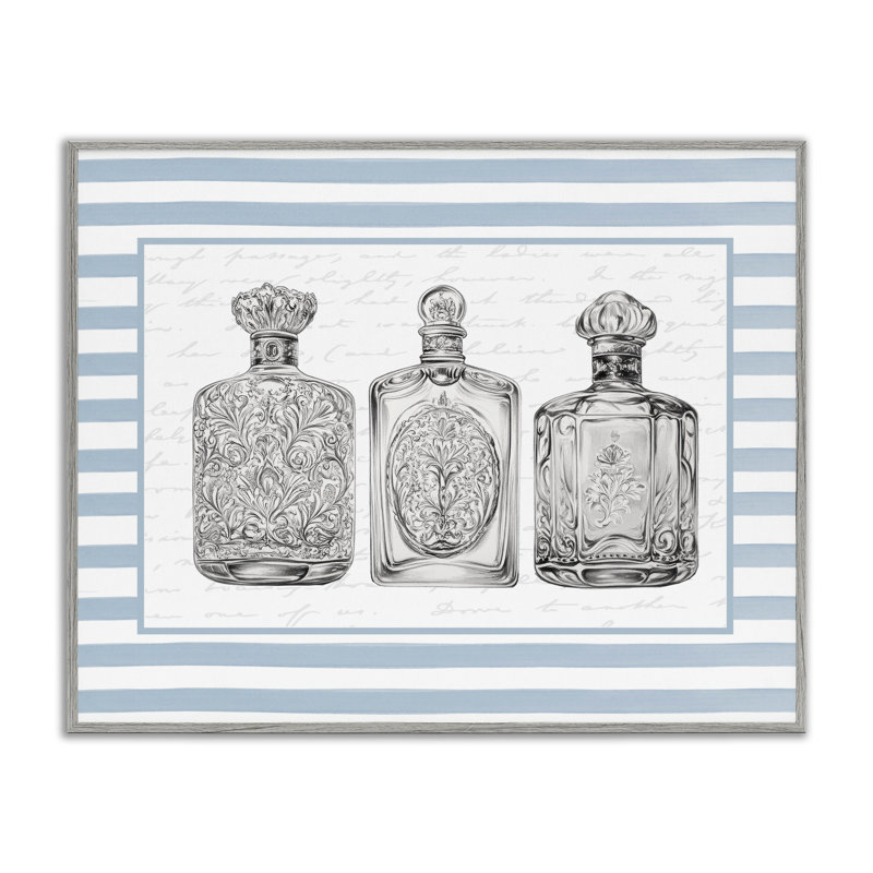 Giclée encadrée de bouteilles ornées sur rayures bleues, design par lettré et doublé, H 24 po x l 30 po