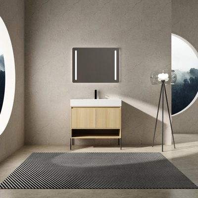 Meuble-lavabo de 36 po avec lavabo en résine et structure d'armoire solide - chêne moderne avec apparence pratique