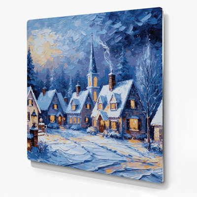 «Christmas Snowy village at twilight», art mural en métal bleu