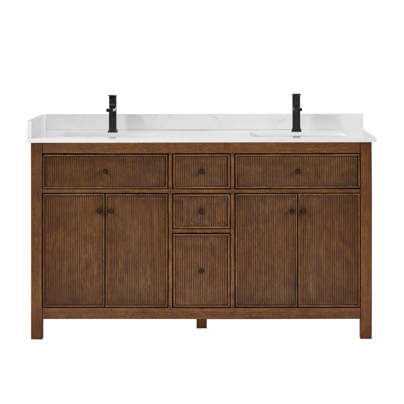 Elan TK 66" Freestanding Double Bathroom Vanity with Cultured Marble Top, White Cultured Marble, Dark Walnut, Brushed Gold