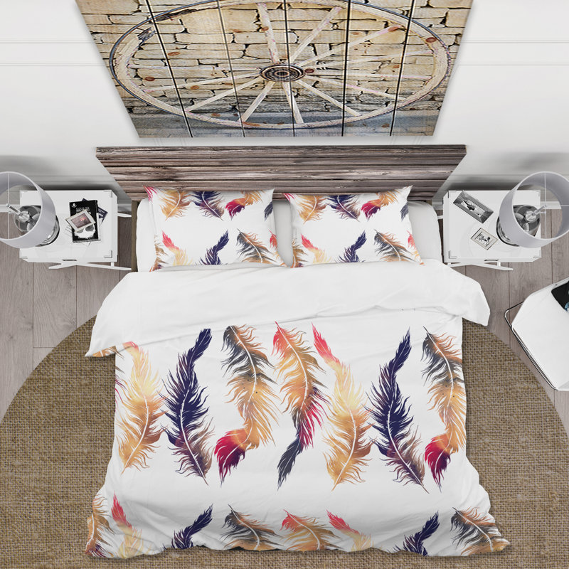 Swirling Feather Dance - Ensemble de housse de couette bohémien - Microfibre de polyester, Blanc