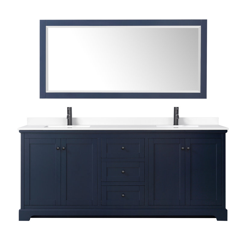 Ensemble de meuble-lavabo double 80 "avec miroir Avery, Marbre de culture blanc, Bleu foncé, Noir mat