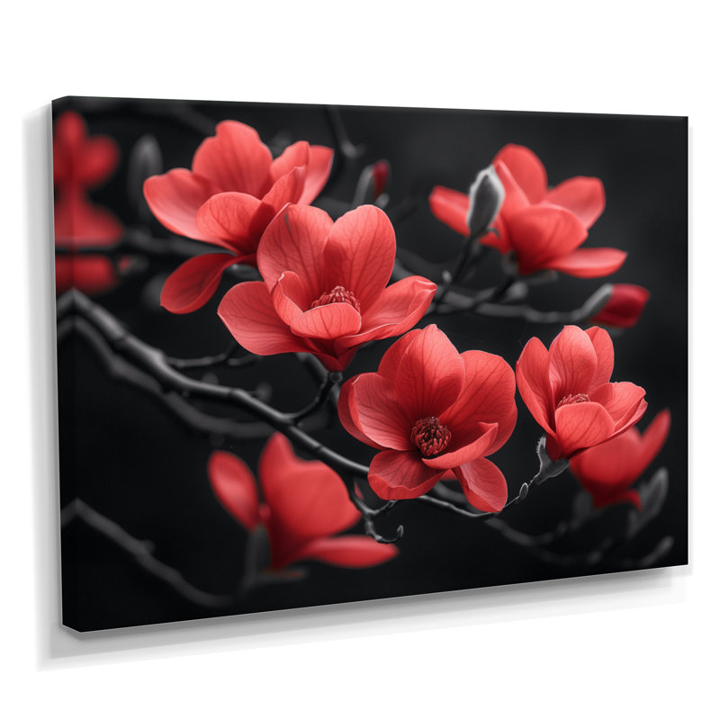 «Magnolias Photo II» - art mural rouge, Toile tendue, H 30 po x l 40 po