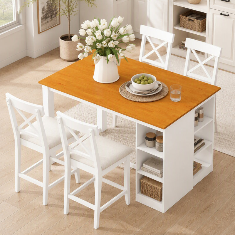 Ensemble de salle à manger de style campagnard 5 pièces avec table en bois massif de 152 cm L x 76 cm l, étagères de rangement à 3 niveaux et 4 chaises rembourrées