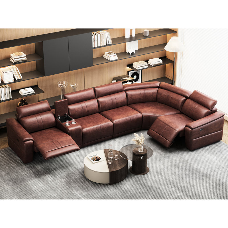 Canapé modulaire en cuir brun foncé 6 pièces pour le salon, inclinable électrique avec cuir respirant, mousse à haute résilience, structure en bois, rangement intégré et fonctionnalité de compatibilité avec les porte-gobelets