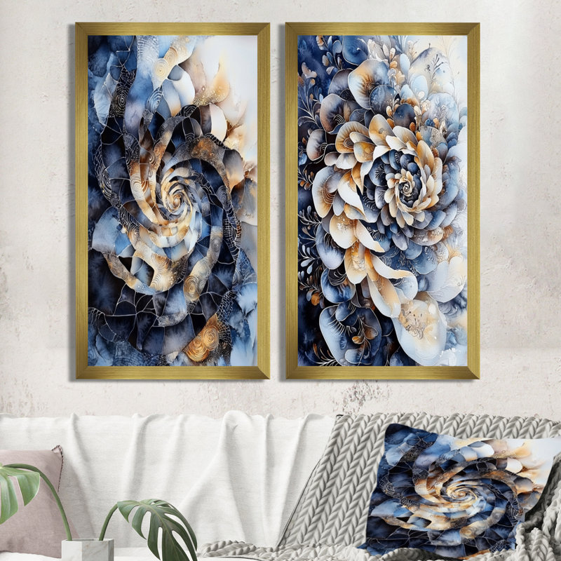 Blue Coastal Light Spiral I - Décoration murale abstraite moderne 2 pièces, H 32 po x l 32 po, Cadre flottant doré