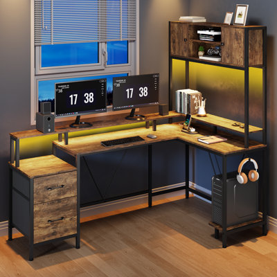 L-Shaped Computer Desk With Computer Shelf & 2 Drawers & Adjustable Led Light Headphone Hook, Double Door Storage Cabinet Desk With 2 Shelves, L-Shaped Office Desk With Charging Station& File Drawer