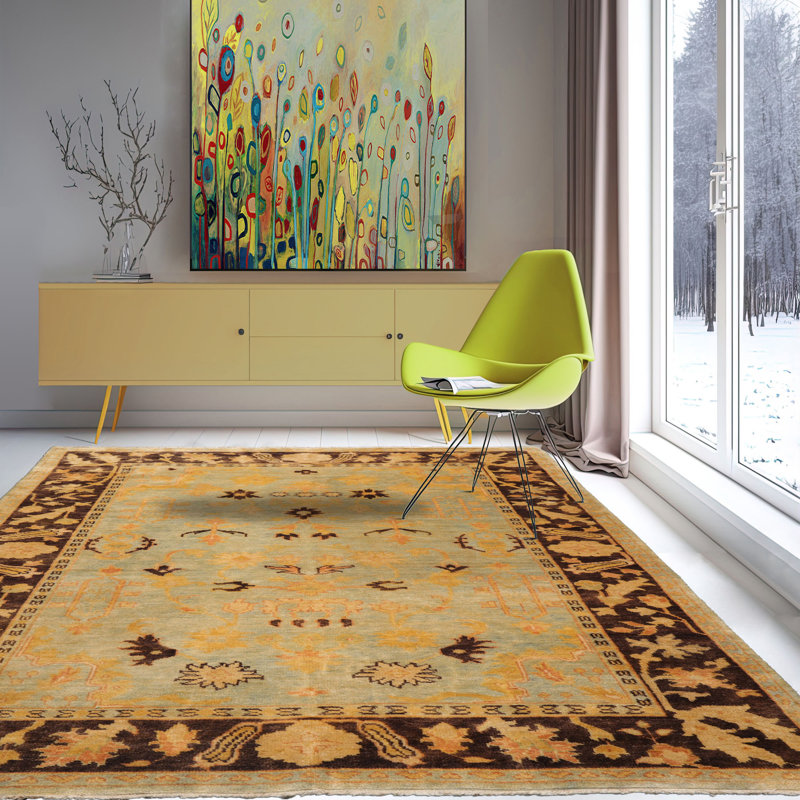 Tapis unique en laine noué à la main turquoise pâle / chocolat / or de 6 pi 1 po x 9 pi 1 po