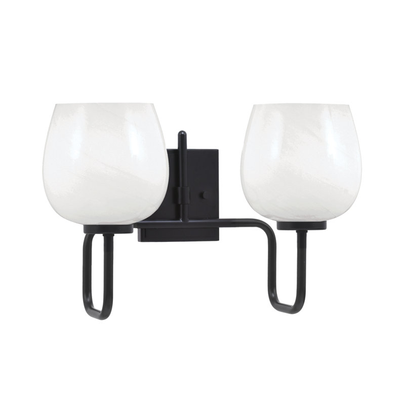 Barre d'éclairage de salle de bain 2 lumières Amarmula, finition noir mat, verre marbré blanc 6 po, Blanc, Noir