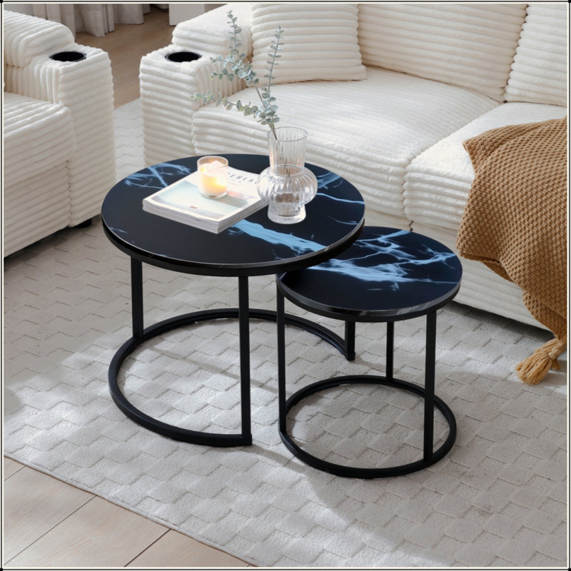 Set 2 Coffee Table Nesting Circular Round And Marble Pattern Wooden Tables, Living Room Bedroom Apartment Modern Industrial Simple Nightstand