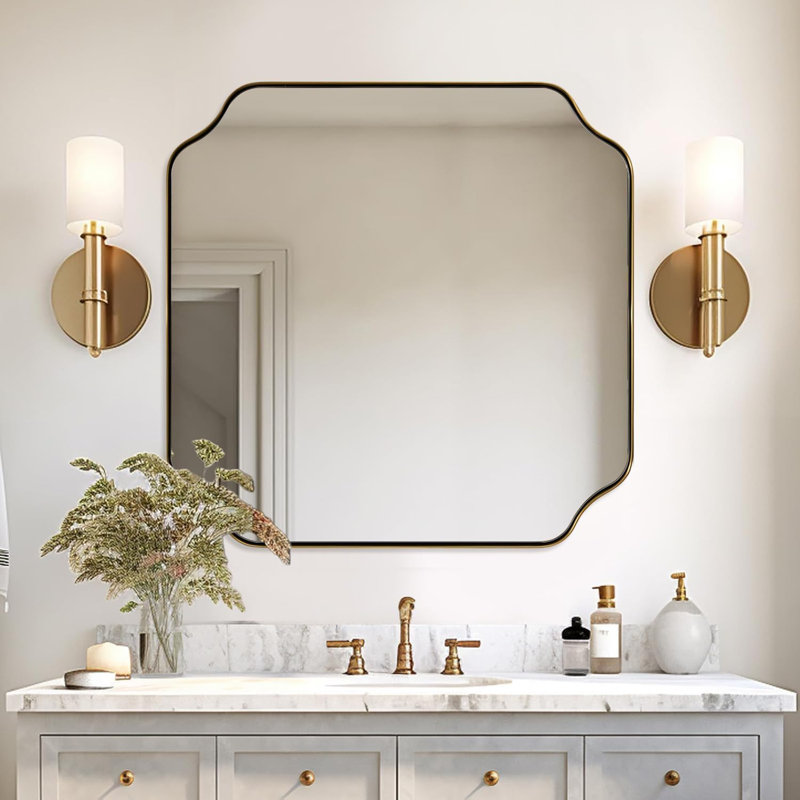Miroir de salle de bain Modern Cadre en acier inoxydable, Or brossé, 24 po x 24 po